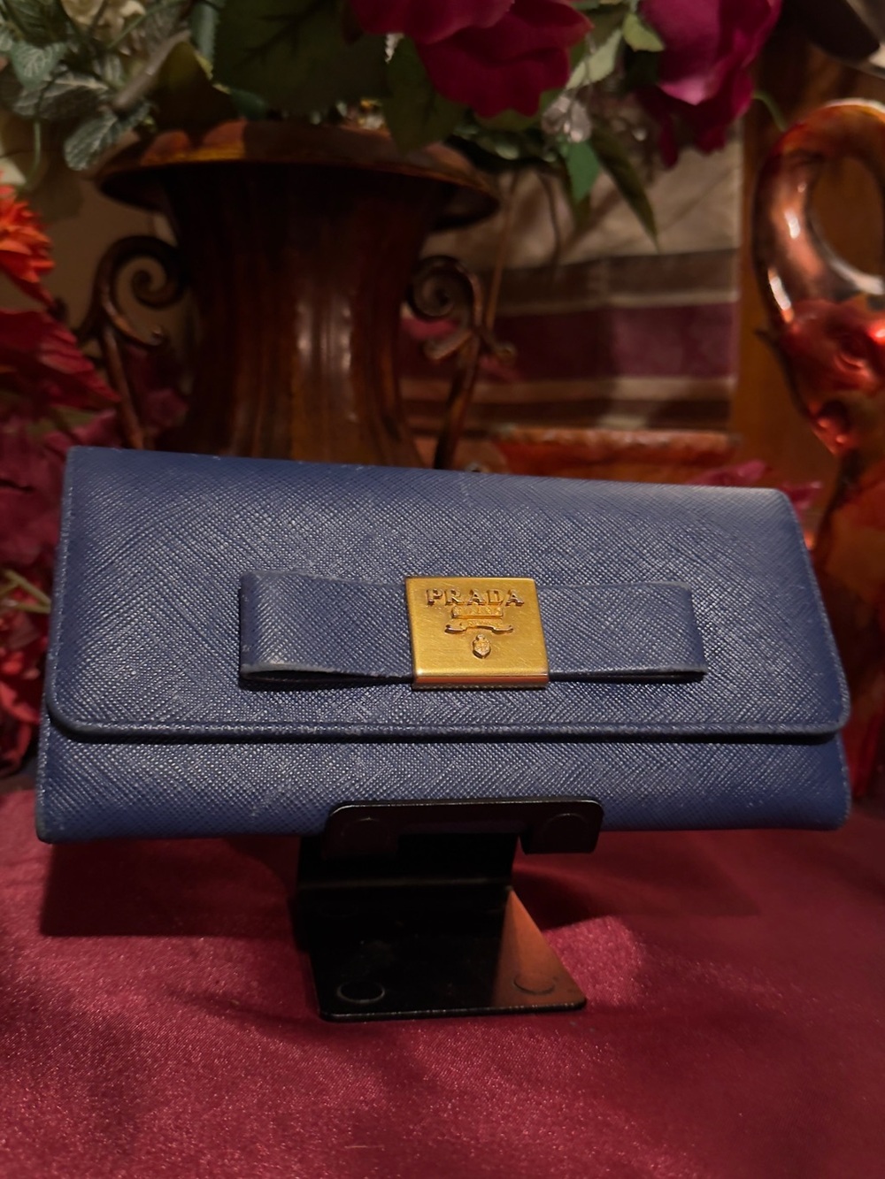 Prada Blue Saffiano Leather Bow Wallet with Gold Plaque
